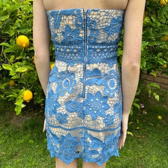 NWOT - Endless Rose - Blue & Nude Lace Strapless Mini Dress - Picture 3 of 9
